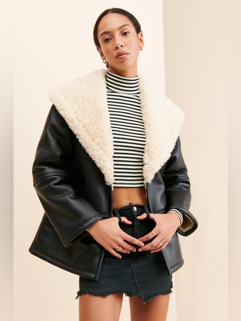 We the Free Winnie Vegan Leather Moto Jacket by Free People - Black/Sherpa